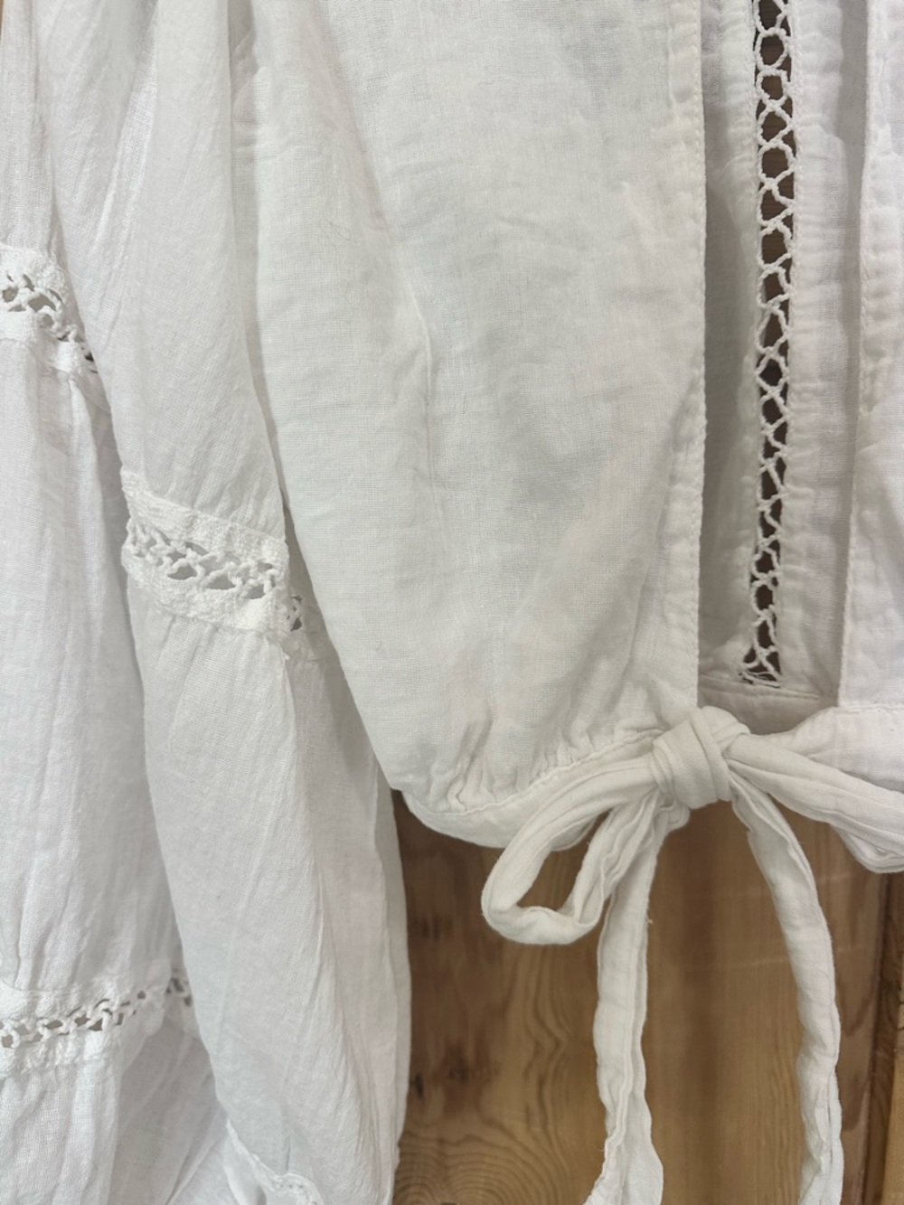 Jen's Pirate Booty White Lace-Trim Peasant Tie Crop Blouse - Picture 7 of 10